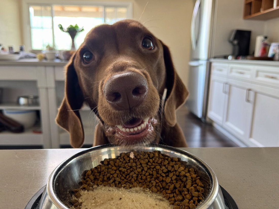 Brown dog looking eagerly at a stainless steel bowl of kibble topped with a light dusting of gut-health supplement powder, in a bright kitchen