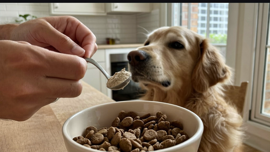 Hands tipping a scoop of supplement powder into a dog's food bowl in a sunlit kitchen as a golden retriever watches