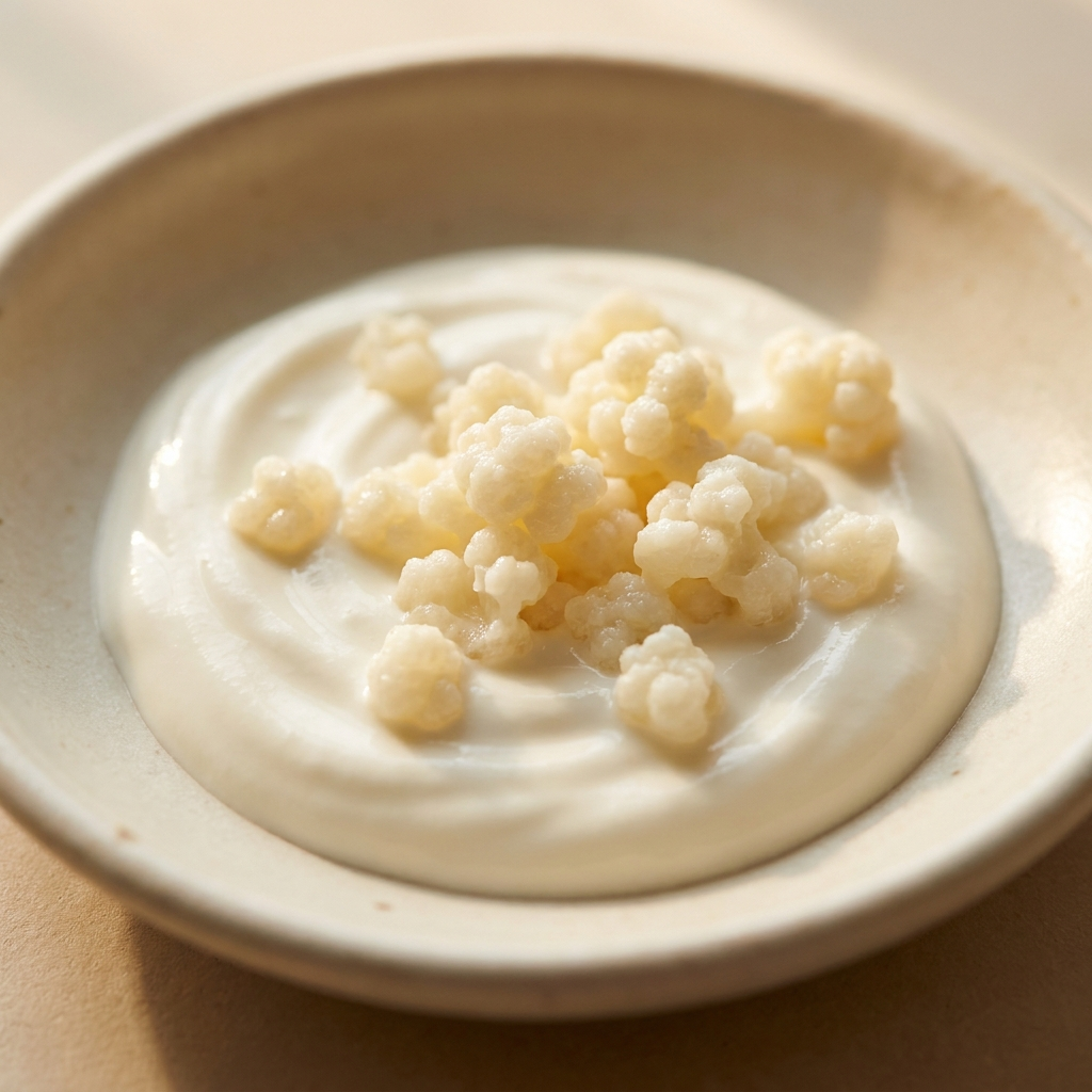 Milk kefir grains on a swirl of cream