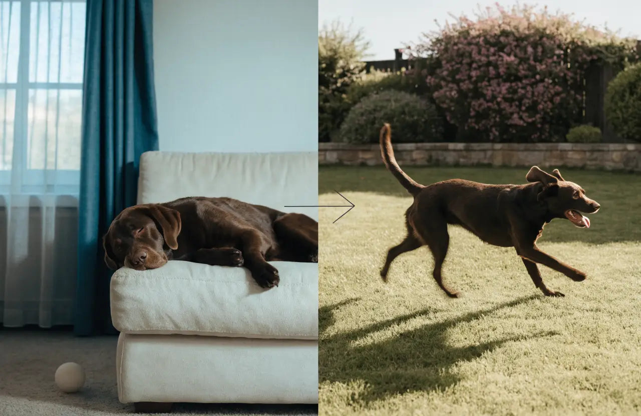Dog dozing on the sofa, then running for the ball