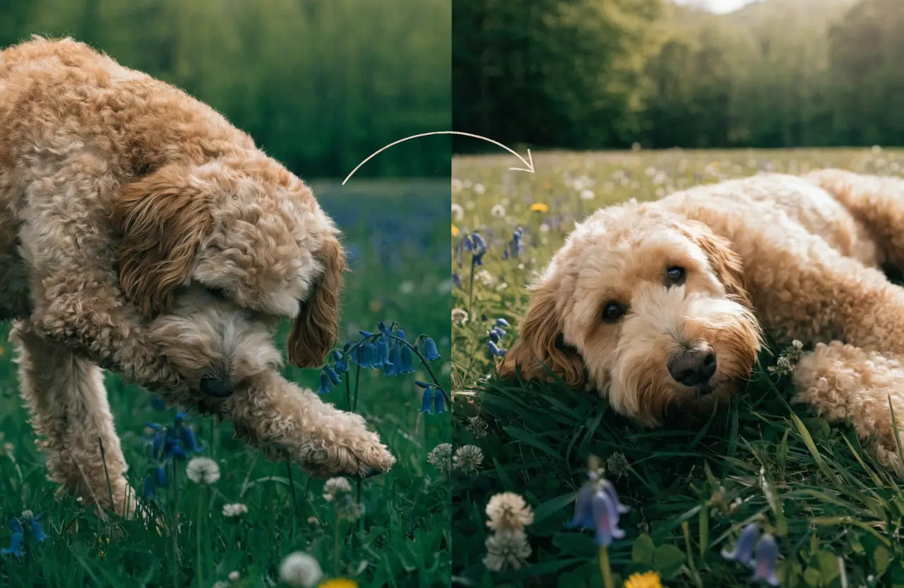 Dog rubbing its face in a meadow, then lying relaxed