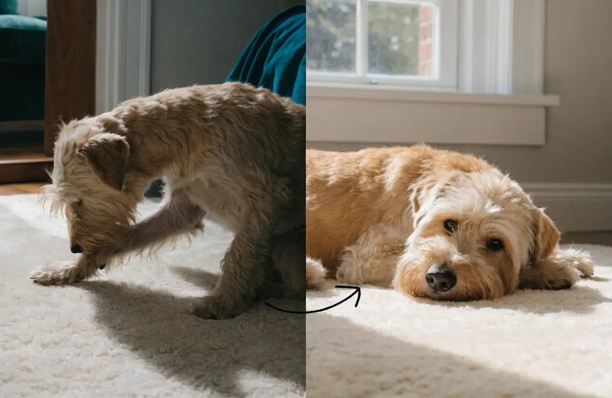 Dog scratching, then calm with a glossy coat